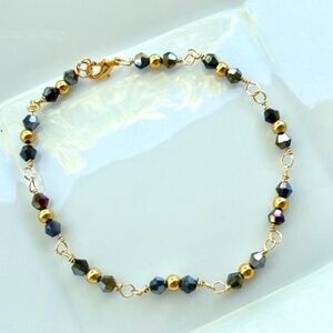 Hand Crafted Black Bicone Crystals & Gold Tone Beads Wire Wrapped Chain Bracelet